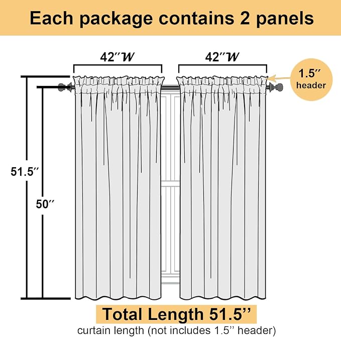 White Sheer Curtains 50 Inch Length 2 Pcs, Light Filtering Voile Bathroom - Image 3