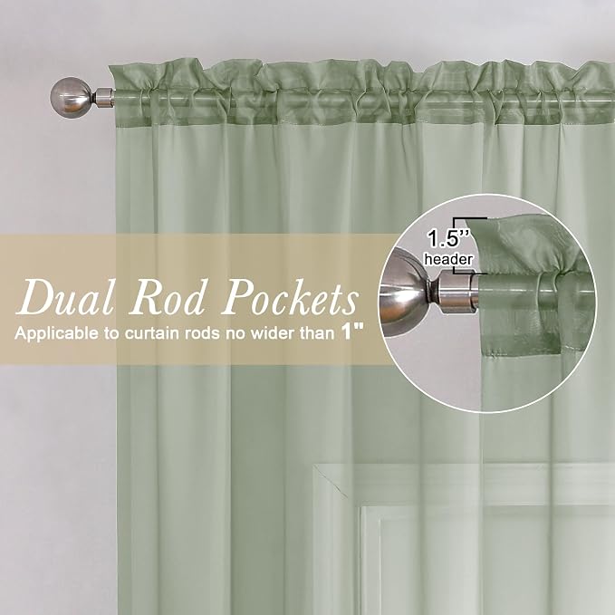 Sage Green Sheer Curtains 45 Inch Long 2 Panels, Short Voile Drapes - Image 2