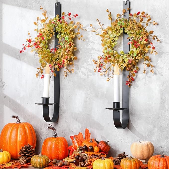 2 Set Rustic Wall Candle Sconces Holder Thanksgiving Fall Decor 18.5" Vintage Metal Wall Mount Candle Holder with Wreath for Farmhouse Living Room Indoor, Only Applicable to LED Candles