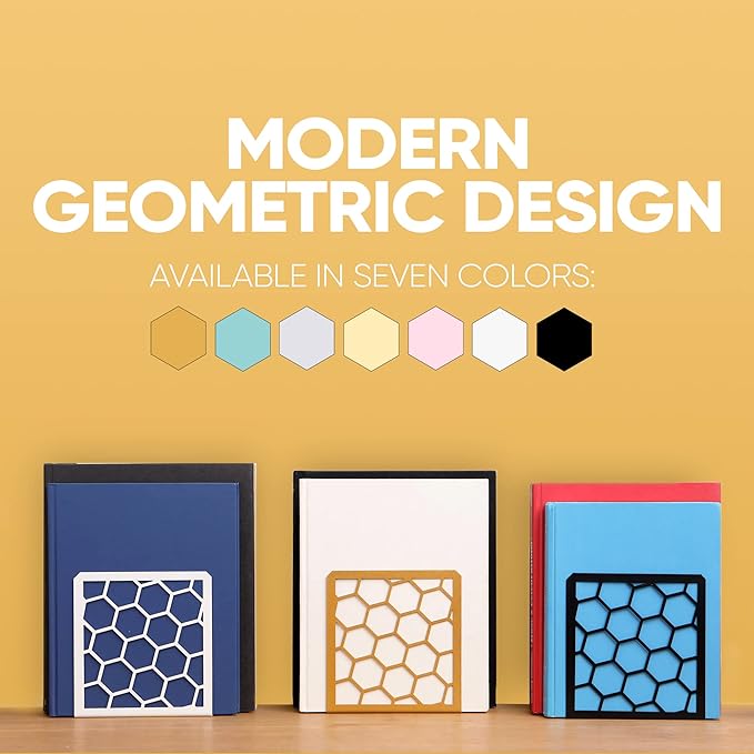 GEOMOD Geometric Honeycomb Gold Metal Bookends Decorative - Tall Sturdy Book Ends for Shelves - Modern Heavy Duty Bookend Stopper - Office or Home Book Shelf Book Holder - 6x3.25x6.25 Inches - 2 Pair
