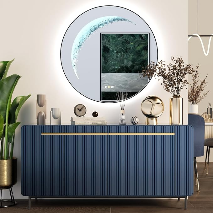 Black Round Mirror 30 inch, Circle Framed Mirror with Backlit & Half Moon Light, Anti-Fog, 3 Color Modes, Dimming Wall-Mounted LED Mirrors for Bathroom, Home Decor, Bathroom, Entryway