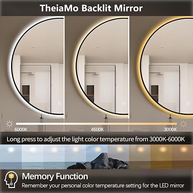 48" Round LED Bathroom Mirror, Wall Mounted Backlit Vanity Mirror with 45° Beveled Frame Lighted Mirror for Bedroom, Fog Free 3-Color Dimmable Lights Memory Function, Black