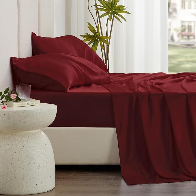 Love's cabin Twin Satin Sheets Sets - 3 Piece Burgundy Silky Bed Sheets with Deep Pockets, Luxury Silk Feel Satin Twin Size Sheet Set Bedding Set (1 Flat Sheet,1 Fitted Sheet,1 Pillow case)