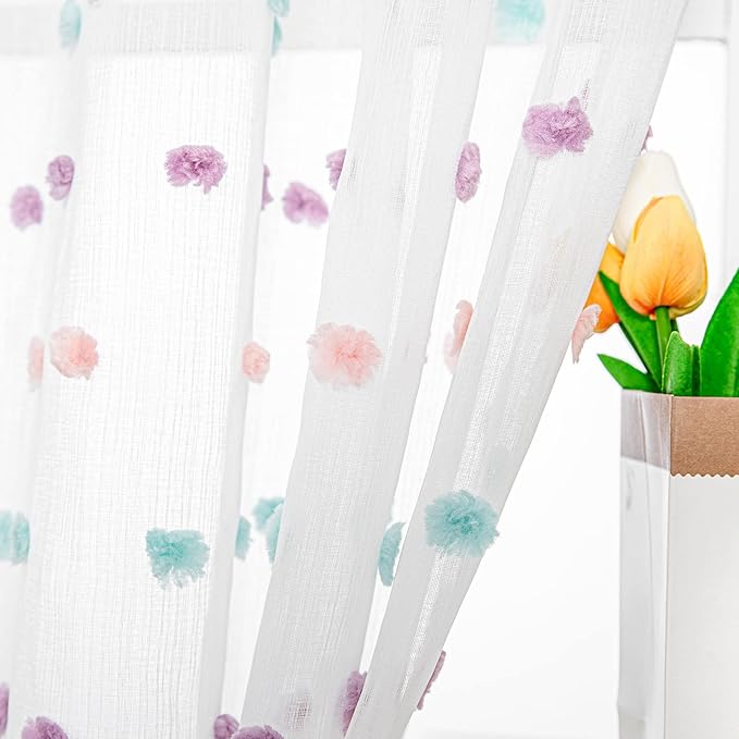 MYSKY HOME Pom Pom Sheer Curtains for Girls' Bedroom and Nursery - Rainbow 72 Inch Long Door Curtains with Rod Pocket - Semi-Transparent, Light Filtering - 52 x 72 Inch, 2 Panels