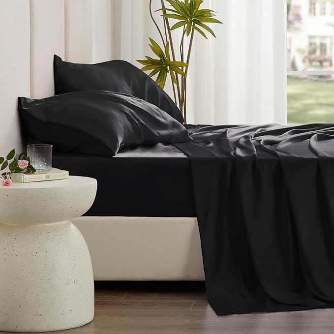 Love's cabin Satin King Sheet Sets - 4 Piece Black Silky Sheets King Size Bed Set with Deep Pocket, Luxury Silk Feel King Size Satin Sheet Set (1 Flat Sheet,1 Fitted Sheet,2 Pillow Cases)
