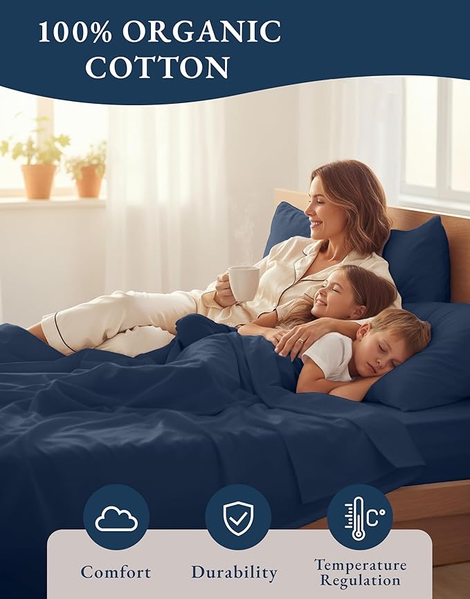 LANE LINEN 100% Organic Cotton Fully Elasticized King Sheet Set, Low Pilling Fade Resistant Machine Washable Naturally Cooling King Bedding Set, Soft & Comfy Cotton Sheets - Navy