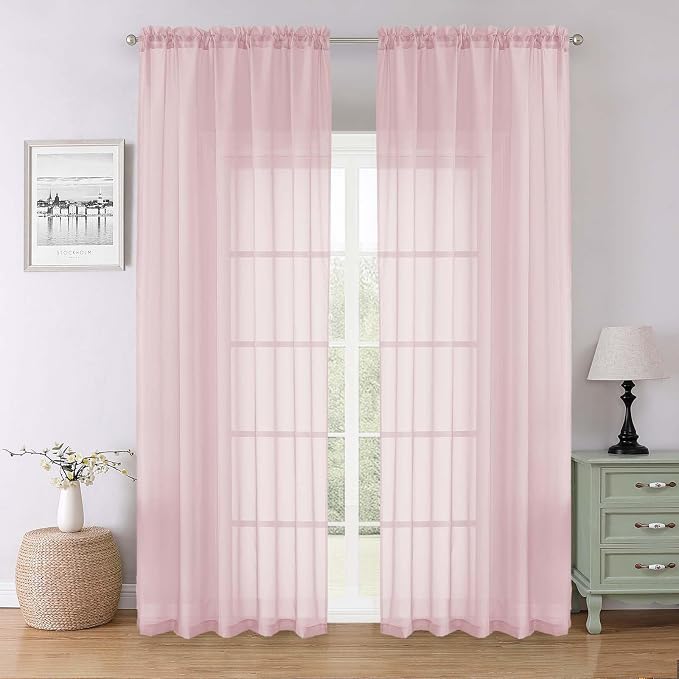 Blush Pink Sheer Curtains for Bedroom 90 Inches Long 2 Pcs, Rod Pockets Window by Lecloud
