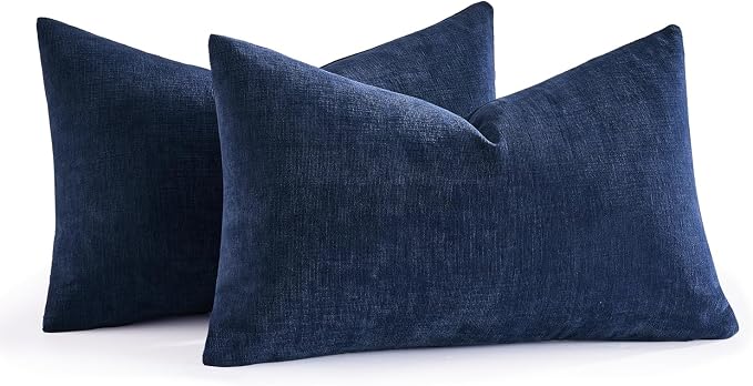 MIULEE Navy Chenille Couch Lumbar Throw Pillow Covers, 12x20 | Set of 2 - Image 8