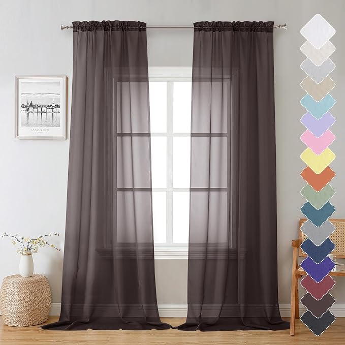 Chocolate Sheer Curtains 96 Inches Long 2 Panels, Voile Breathable Sheer Curtain by Lecloud