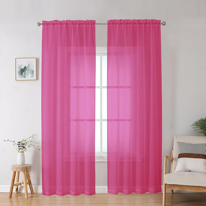 Hot Pink Sheer Curtains for Bedroom Living Room 90 Inches Long, Elegant Solid by OWENIE
