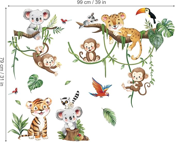 decalmile Jungle Animal Tree Branch Wall Decals Safari Animal Monkey Koala Wall Stickers Baby Nursery Kids Bedroom Living Room Wall Decor