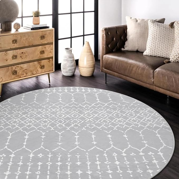 Lahome Moroccan 5Ft Round Rug Machine Washable Round Bedroom Carpet Grey - Image 7