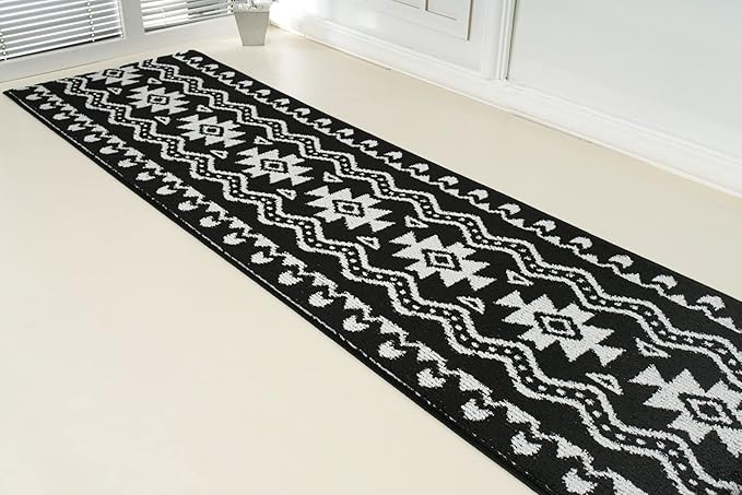 Custom Length Cut to Size Tribal Ethnic Southwestern Inspired Hallway Runner Rug, Non Slip Rubber Backed, 31 inch Wide X Customized Length, Aztec Black, 31 inch X 8 feet