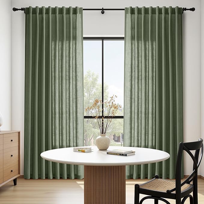 Olive Green Linen Blend Semi Sheer Curtains 108 Inches Long x 60 Inches Wide - Image 8