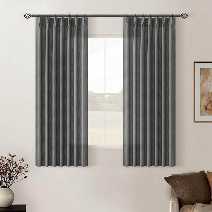 Charcoal Grey Pleated Linen Semi Sheer Curtains 45 Inch Length 2 Panels | by Twodrapes