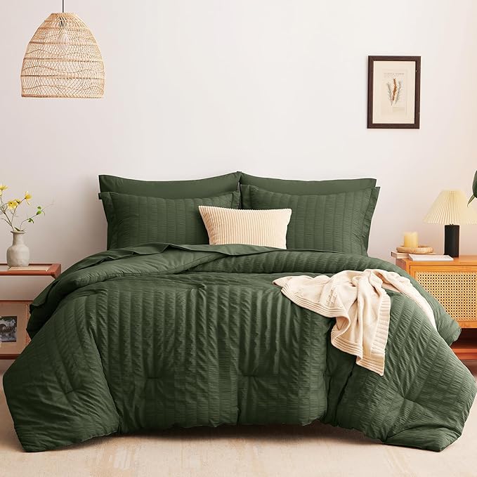 CozyLux Queen Comforter Set Olive Green Seersucker 7 Pieces Bed in a Bag Queen Comforter Set with Sheets Luxury Soft Bedding Set with Down Alternative Comforter, Sheets, Pillowcases & Shams All Season
