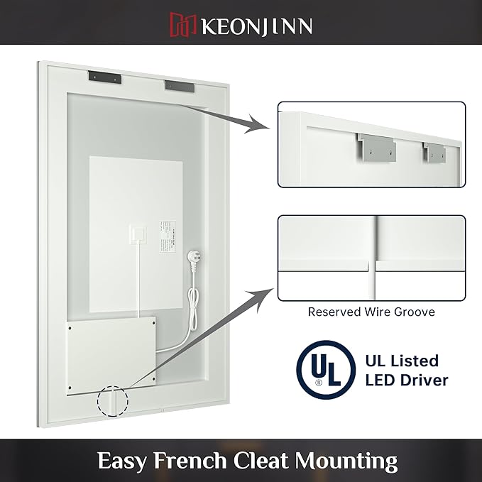 Keonjinn 55 x 30 Inch Bathroom LED Mirror, Oversized Lighted Bathroom Mirror, UL Listed LED Driver, HD Tempered Glass, Easy Installation, Anti-Fog, Memory Dimmable 6000K, CRI 90+(Horizontal/Vertical)