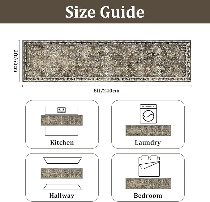 Yamaziot 2x8 Washable Hallway Runner Rug Non Slip Floral Carpet, Tan | Soft - Image 3