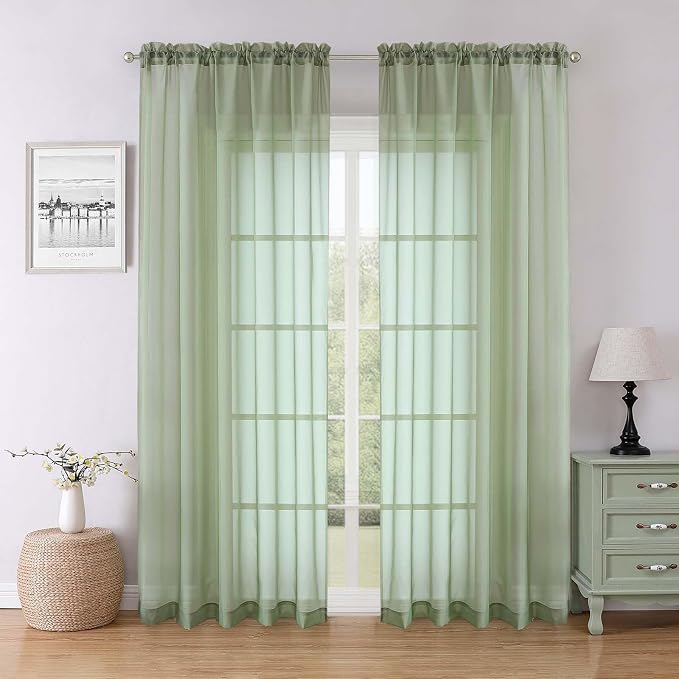 Sage Green Sheer Curtains 84 Inches Long 2 Panels Set, Solid Airy Voile Sheer by Lecloud