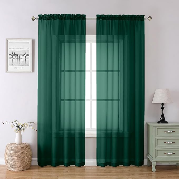 Hunter Green Sheer Curtains 84 Inches Long 2 Panels Set, Rod Pocket Window by Lecloud