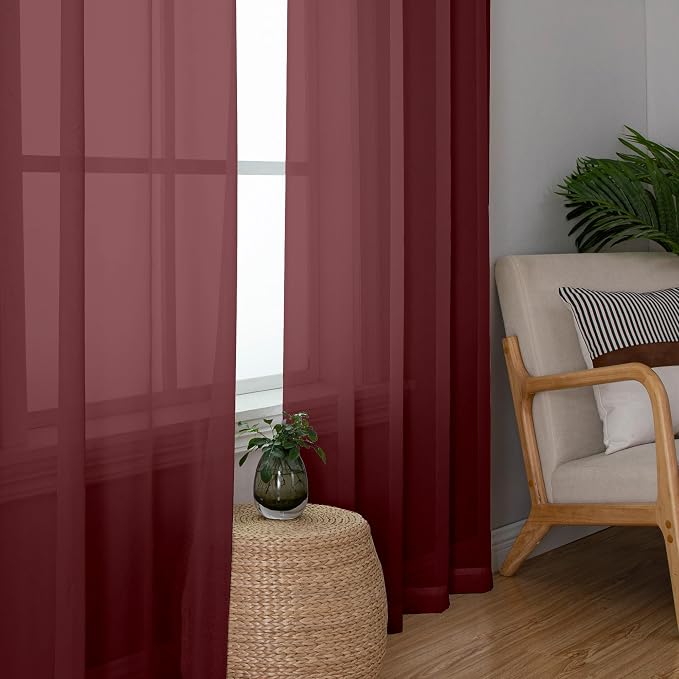 Chyhomenyc Burgundy Sheer Curtains 84 Inches Long 2 Panels | Light Filtering - Image 5