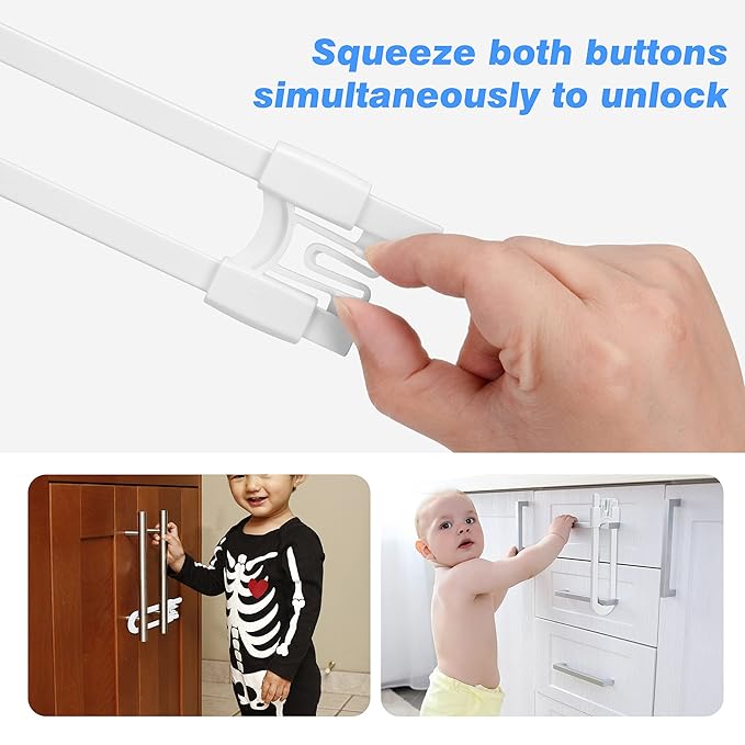 Vmaisi 8 Pack Baby Sliding Cabinet Locks - Adjustable U Shaped Child Safety Locks,Childproof Latches for Kitchen Bathroom Storage Cupboards Doors, Handles and Knobs White