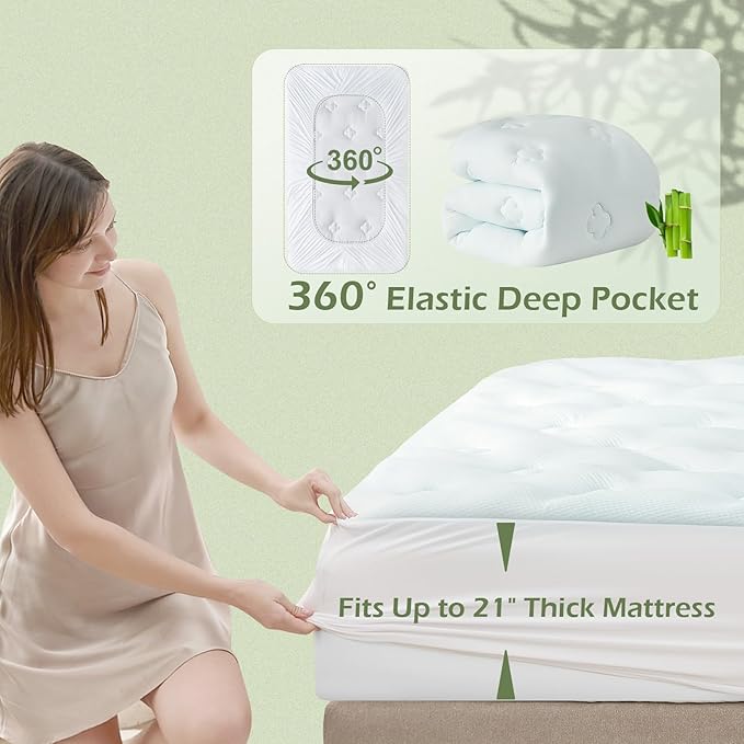Hansleep King Mattress Topper Viscose Derived from Bamboo, Memory Foam Pillow Top Mattress Topper King with Deep Pocket, Breathable Mattress Pad for Back Pain Relief, 78" x 80", White