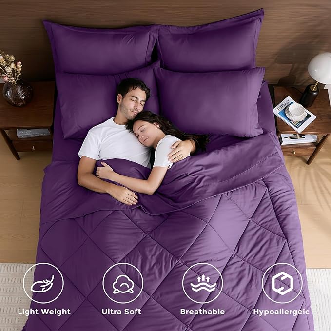 HEVUMYI Grape Purple California King Comforter Set - 7-Piece All Season Bed in a Bag Cal King, Ultra Soft Bedding Set with Comforter, Flat Sheet, Fitted Sheet, Pillowcases, Pillow Shams