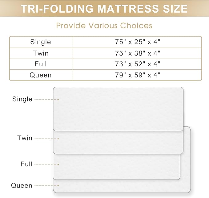 Folding Memory Foam Mattress, 4" Tri-fold with Breathable Washable Bamboo Fiber Cover, Foldable Guest Bed for Camping, Road Trip, Queen
