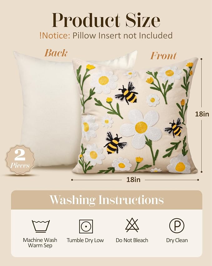 Embroidered Throw Pillow Covers 18x18 Inch, Flower Bee | Decorative Pillow - Image 4