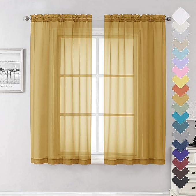 Gold Sheer Curtains 63 Inch Length 2 Panels, Airy Light Filtering Voile Curtain by Lecloud