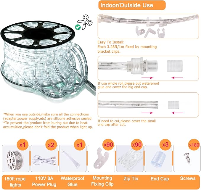 SURNIE LED Rope Lights Outdoor Waterproof: 150FT LED Rope Lighting Dimmable - 110V 6500K Daylight White String Light Tube Cuttable Connectable for Garden Patio Party Indoor Decoration, Not Flat Strip