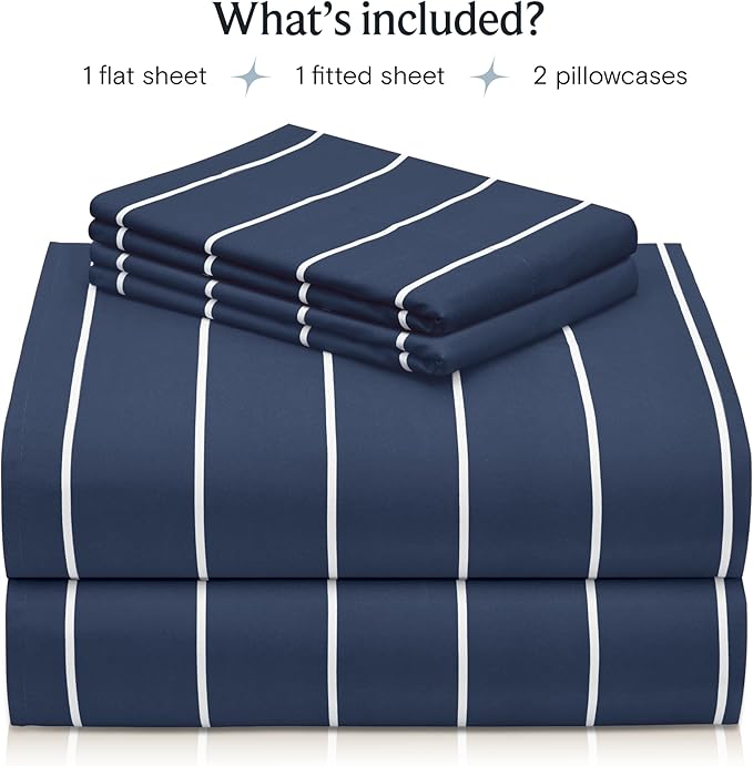 LuxClub 4 PC King Size Sheet Set Bed Sheets, Breathable Luxury Deep Pockets Wrinkle Free Cooling Sheets Machine Washable Hotel Bedding (King, Striped Navy)