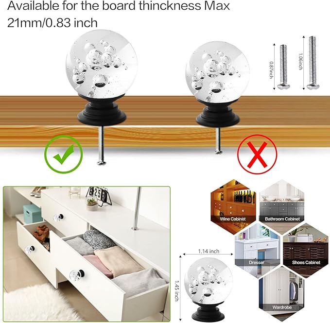 12 Pcs 30mm Round Shape Bubble Crystal Glass Cabinet Knobs with Screws Drawer Knob Pull Handle Used for Kitchen, Dresser, Door, Cupboard (Black Base Clear)