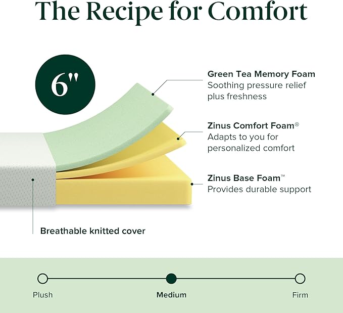 ZINUS 6 Inch Queen Green Tea Memory Foam Mattress [New Version], Fiberglass free, Medium Firm Feel, Zoned Pressure Relief, Certified Safe Foams & Fabric, Mattress in A Box