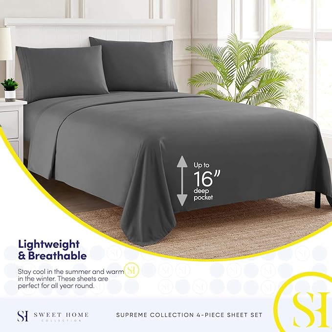 RV Queen Bed Sheets - Breathable Luxury Sheets with Full Elastic & Secure Corner Straps Built In - 1800 Supreme Collection Extra Soft Deep Pocket Bedding Set, Sheet Set, RV Short Queen, Gray