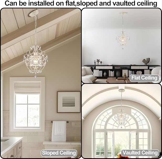 Small Crystal Chandelier for Bedroom, 90% Pre-Assembled 1 Light White Chandelier, Mini Acrylic Crystal Ceiling Light Fixture Charming for Girls Room, Closet, Bathroom, Entryway, Dining Room