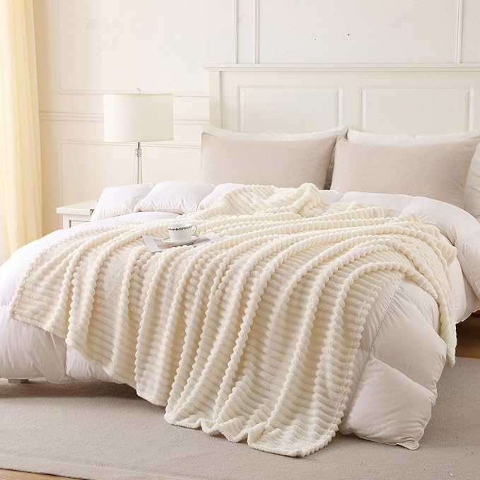 Beige Throw Blanket for Couch Sofa 60”x80” Striped Design - Image 2