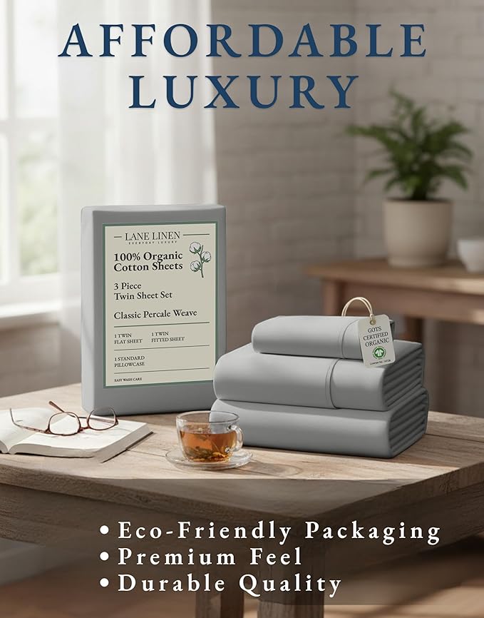 LANE LINEN 100% Organic Cotton Sheets Twin Size, Soft & Comfy Mercerized Fully Elasticized Naturally Temperature Regulating Sustainably Produced Luxury Hotel Quality Cotton Twin Sheet Set- Silver