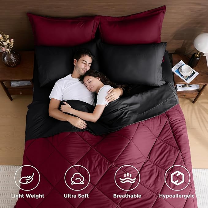 HEVUMYI Red & Black Full Comforter Set - 7-Piece All Season Bed in a Bag Full, Ultra Soft Burgundy Bedding Set with Comforter, Flat Sheet, Fitted Sheet, Pillowcases, Pillow Shams, Burgundy Red & Black