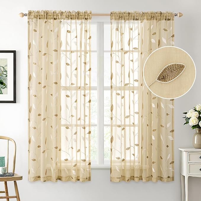 MIULEE Beige Sheer Curtains 2 Panels Embroidered Leaf Patterned, W52 x L63 | - Image 2