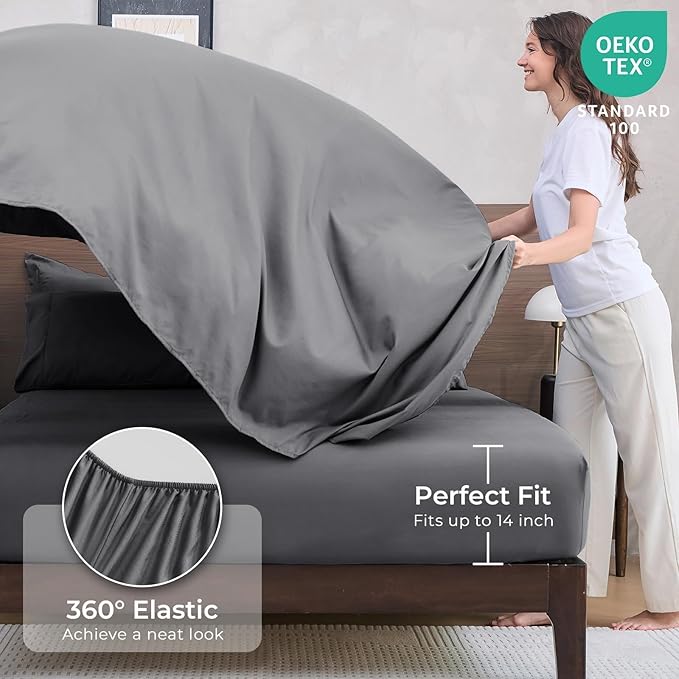 HEVUMYI 7 Pieces Queen Comforter Set, All Season Reversible Bed in a Bag, Ultra Soft Queen Bedding Set with Grey Comforter, Flat Sheet, Fitted Sheet, Pillowcases, Pillow Shams, Dark Grey