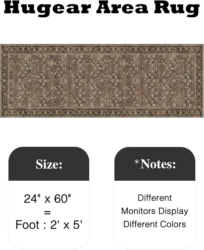 2x5 Brown Vintage Floral Washable Area Rug - Image 2