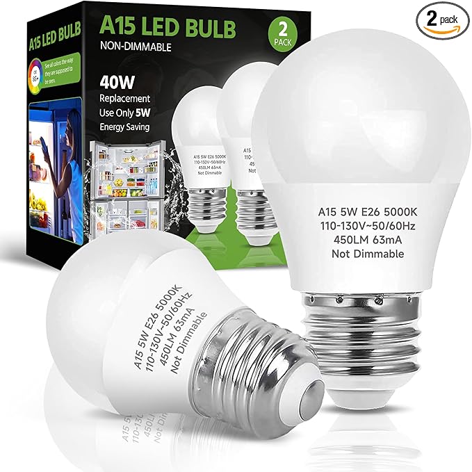 LED Refrigerator Light Bulb, 40W Equivalent LED A15 Bulb, 5W Daylight 5000K E26 Medium Base, Waterproof Appliance Bulb for Fridge Freezer Ceiling Fan, Non-Dimmable, 2 Packs