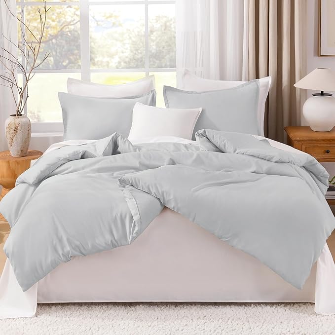 Litanika Oversized King Comforters Light Grey Super King Size, 3 Pieces Lightweight Solid Bedding Comforter Set, All Season Fluffy Bed Set (120x120In Comforter & 2 Pillowcases)
