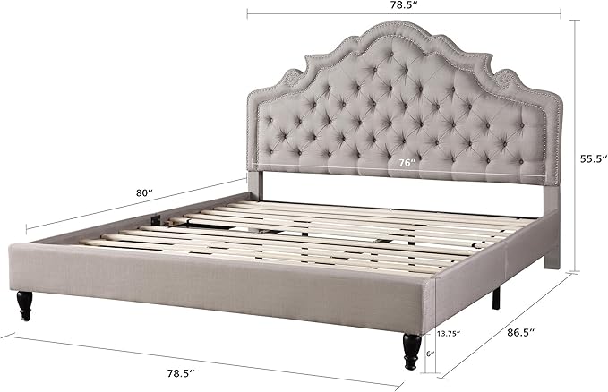 HomeLife Premiere Classics 51" Tall Platform Bed with Cloth Headboard and Slats - King (Light Grey Linen)