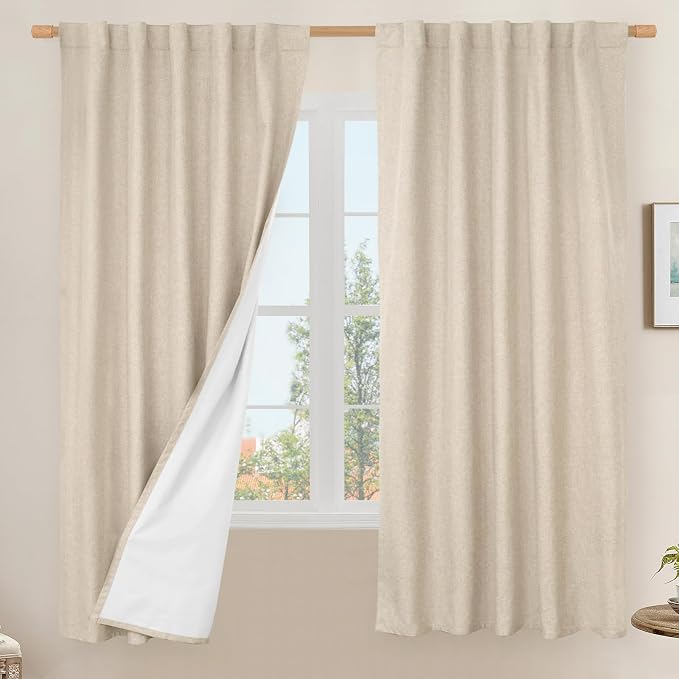 100% Blackout Linen Curtains 63 Inches 2 Panels by LAMIT