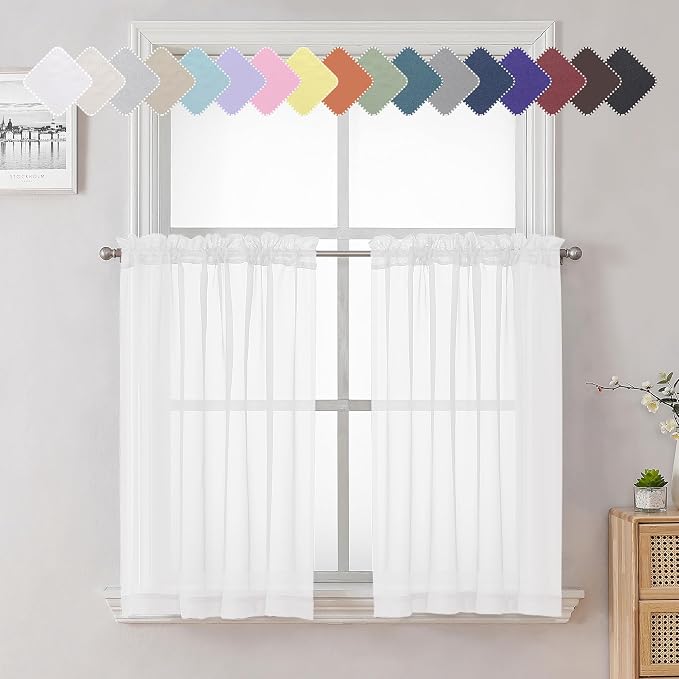 36 Inch White Sheer Curtains Tiers 2 PCS by Lecloud