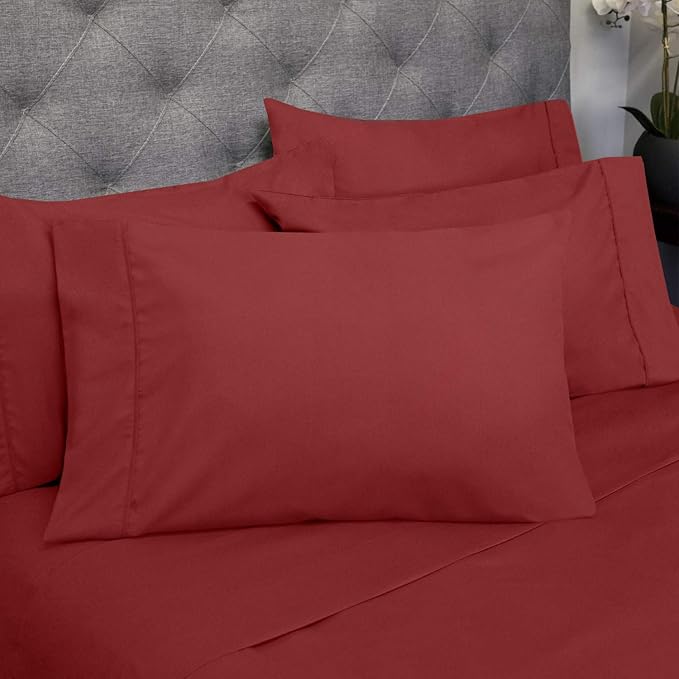 Sweet Home Collection 6 Piece 1500 Supreme Collection Brushed Microfiber Deep Pocket Sheet Set-2 Extra Pillow Cases, Great Value, Split King, Burgundy