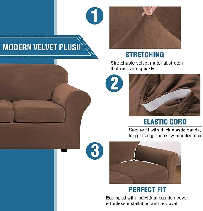 H.VERSAILTEX Real Velvet Plush 3 Piece Stretch Sofa Covers Couch Covers - Image 3